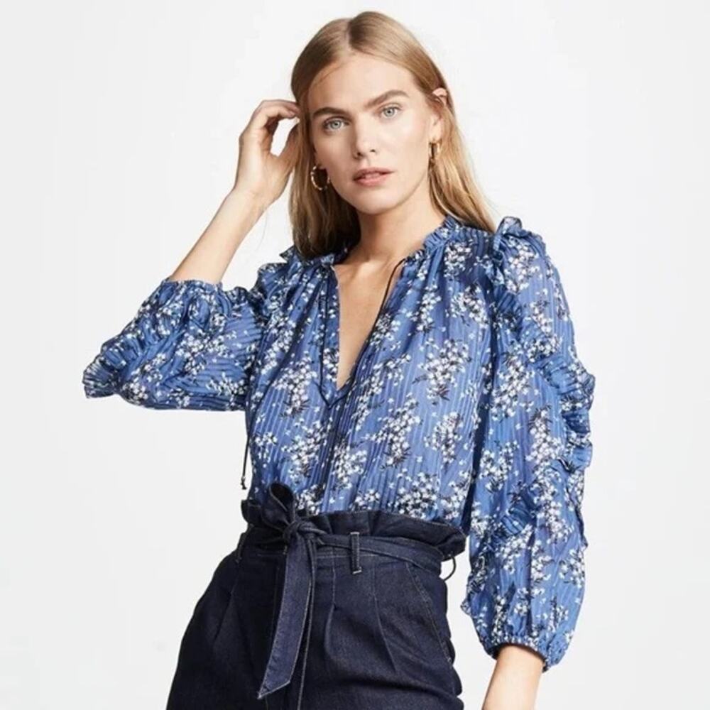 Ulla Johnson Indigo Floral Puff Sleeve Top